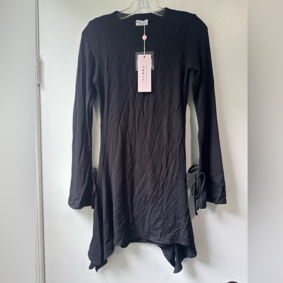 Oh Polly Black Flared Long Sleeve Mini Crewneck Dress with Ties